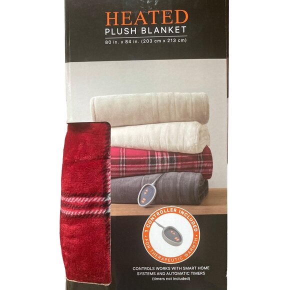 Beautyrest Heated Plush Blanket Full-Smart home compatible -80" x 84" -Red Plaid - Picture 3 of 5